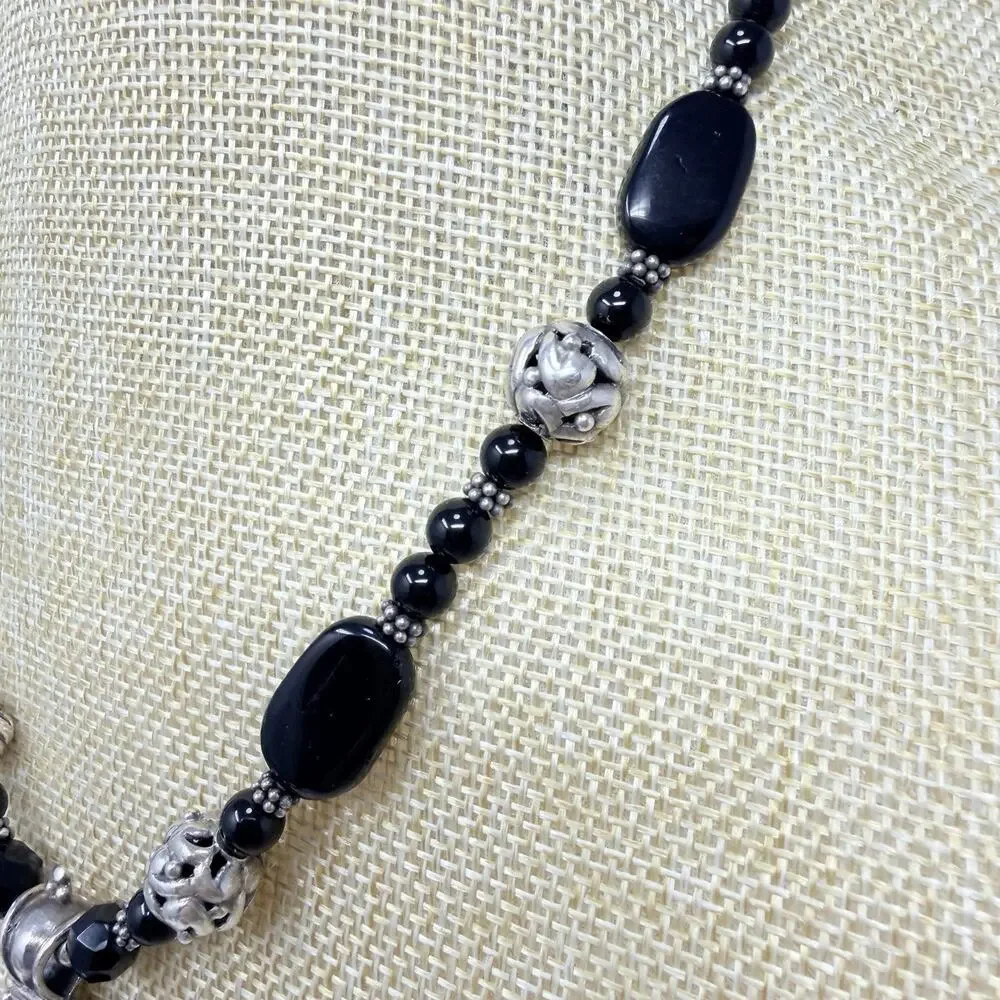 Vintage Sterling Silver 925 and Beaded Black Onyx Pendant Necklace 18 Inch
